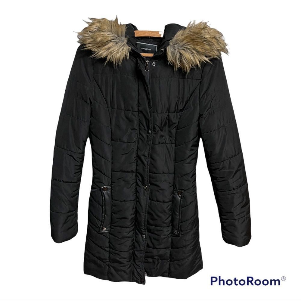 Le Château black long puffer jackets with faux fur trim hood